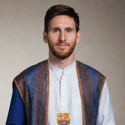 Lionel Messi portrayed in a traditional Muslim attire, honouring Islamic culture while maintaining his distinguishing features.