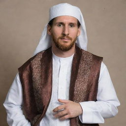 Lionel Messi portrayed in a traditional Muslim attire, honouring Islamic culture while maintaining his distinguishing features.