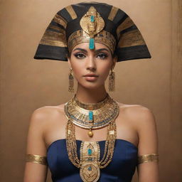 An elegant portrayal of a user as an Egyptian goddess, using traditional Egyptian iconography and symbols. Gowned in rich fabrics, crowned with a regal headdress, and adorned with intricate golden jewelry.