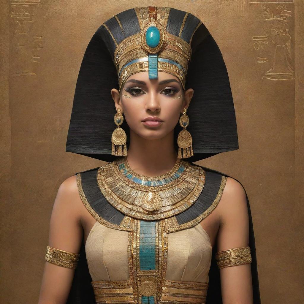 An elegant portrayal of a user as an Egyptian goddess, using traditional Egyptian iconography and symbols. Gowned in rich fabrics, crowned with a regal headdress, and adorned with intricate golden jewelry.