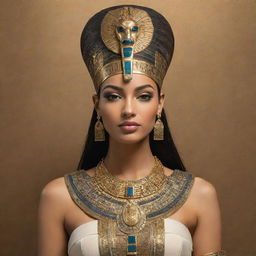 An elegant portrayal of a user as an Egyptian goddess, using traditional Egyptian iconography and symbols. Gowned in rich fabrics, crowned with a regal headdress, and adorned with intricate golden jewelry.
