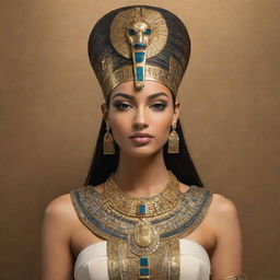 An elegant portrayal of a user as an Egyptian goddess, using traditional Egyptian iconography and symbols. Gowned in rich fabrics, crowned with a regal headdress, and adorned with intricate golden jewelry.