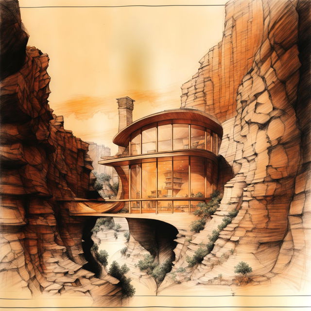 Pencil sketch of a curvaceous glass house, intricately detailed, carved into the canyon wall, bathed in soft golden hour light.