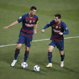 Cristiano Ronaldo (CR7) and Lionel Messi in a competitive soccer match, showing their exceptional skills. They are on a well-manicured pitch under stadium lights, wearing their respective jerseys.