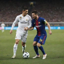 Cristiano Ronaldo (CR7) and Lionel Messi in a competitive soccer match, showing their exceptional skills. They are on a well-manicured pitch under stadium lights, wearing their respective jerseys.