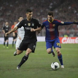 Cristiano Ronaldo (CR7) and Lionel Messi in a competitive soccer match, showing their exceptional skills. They are on a well-manicured pitch under stadium lights, wearing their respective jerseys.