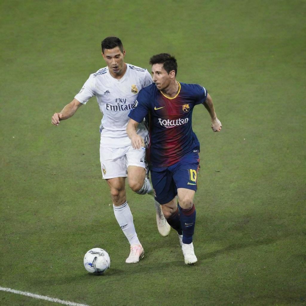 Cristiano Ronaldo (CR7) and Lionel Messi in a competitive soccer match, showing their exceptional skills. They are on a well-manicured pitch under stadium lights, wearing their respective jerseys.