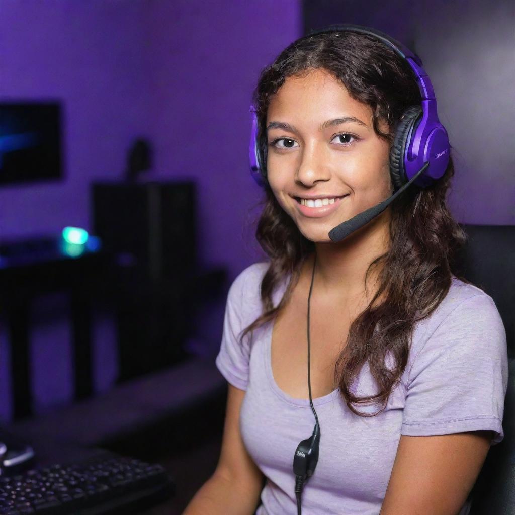 A young girl with tan skin, dark brown eyes, and wavy dark hair split down the middle wearing a gaming headset. She's in a purple gaming room, with a keyboard in the background and a black guitar hanging on the wall.