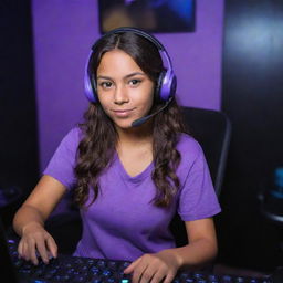 A young girl with tan skin, dark brown eyes, and wavy dark hair split down the middle wearing a gaming headset. She's in a purple gaming room, with a keyboard in the background and a black guitar hanging on the wall.