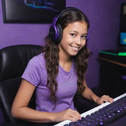 A young girl with tan skin, dark brown eyes, and wavy dark hair split down the middle wearing a gaming headset. She's in a purple gaming room, with a keyboard in the background and a black guitar hanging on the wall.