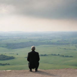 A solitary man gazing into the vast distance, lost in his thoughts with a backdrop of a serene landscape.