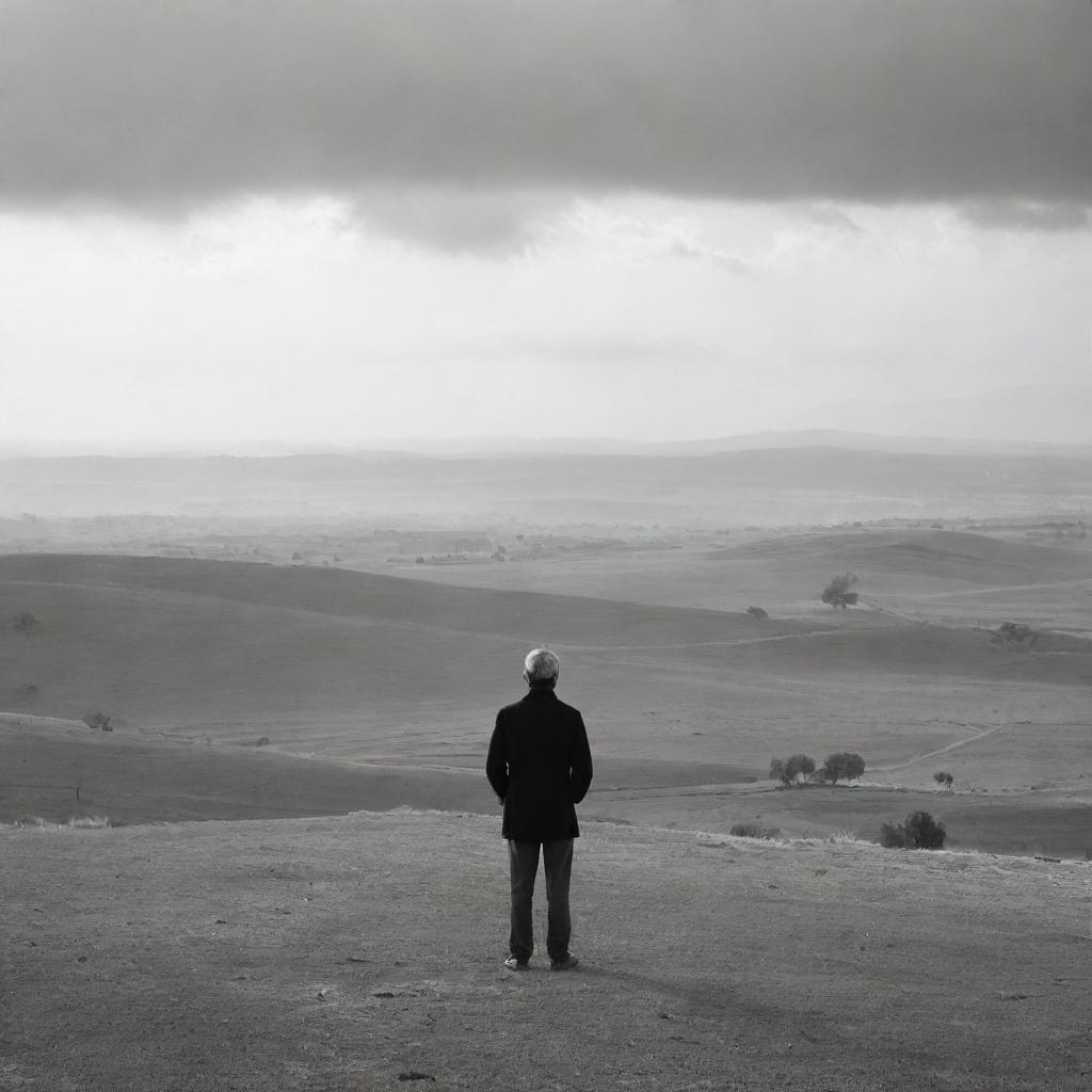 A solitary man gazing into the vast distance, lost in his thoughts with a backdrop of a serene landscape.