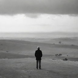 A solitary man gazing into the vast distance, lost in his thoughts with a backdrop of a serene landscape.