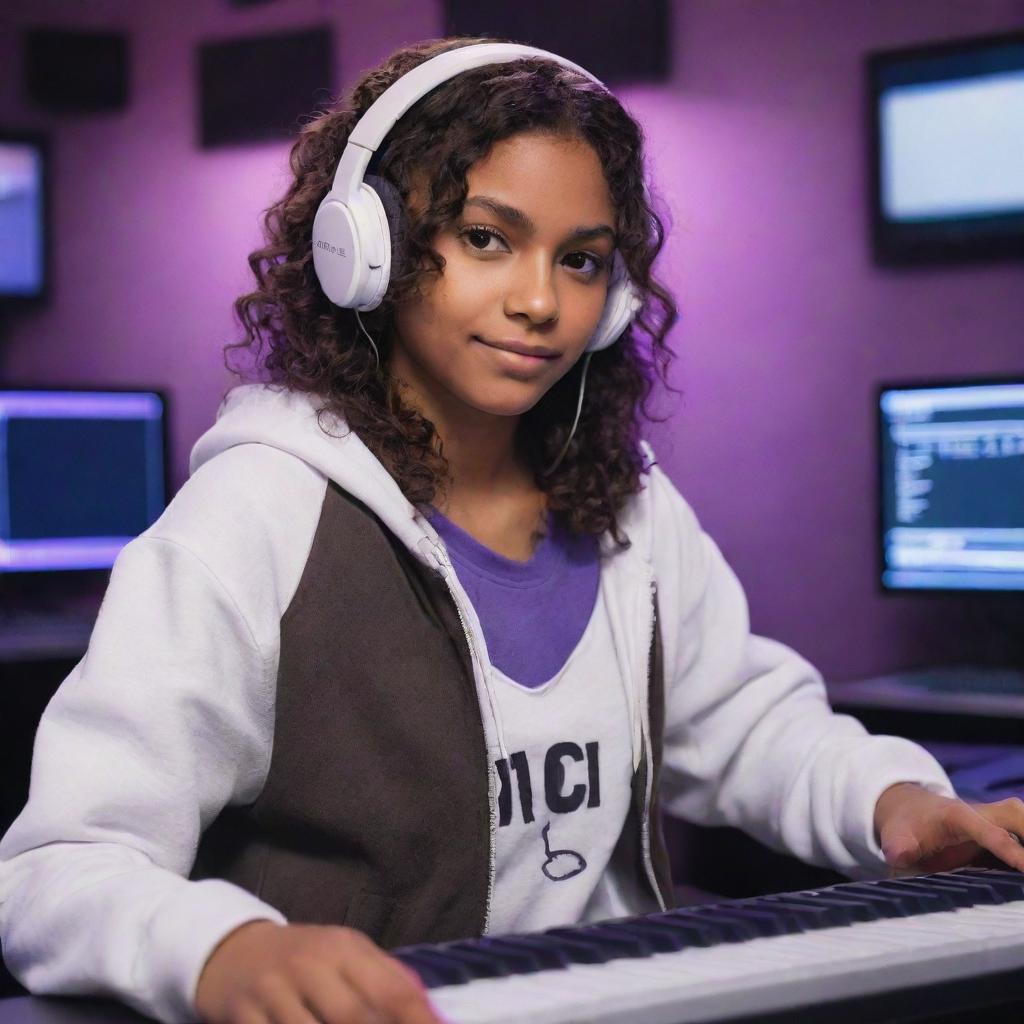 Generate an image of a young character with brown skin, dark brown eyes, and wavy dark hair parted in the middle. She's wearing a half black, half white hoodie and a white gaming headset. She is in a purple gaming room with a keyboard in the background and a black guitar hanging on the wall.