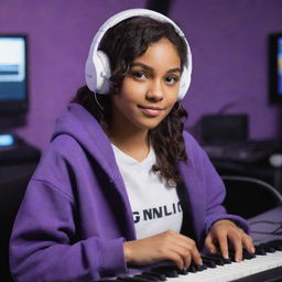 Generate an image of a young character with brown skin, dark brown eyes, and wavy dark hair parted in the middle. She's wearing a half black, half white hoodie and a white gaming headset. She is in a purple gaming room with a keyboard in the background and a black guitar hanging on the wall.