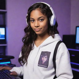 Generate an image of a young character with brown skin, dark brown eyes, and wavy dark hair parted in the middle. She's wearing a half black, half white hoodie and a white gaming headset. She is in a purple gaming room with a keyboard in the background and a black guitar hanging on the wall.