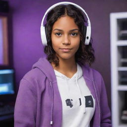 Generate an image of a young character with brown skin, dark brown eyes, and wavy dark hair parted in the middle. She's wearing a half black, half white hoodie and a white gaming headset. She is in a purple gaming room with a keyboard in the background and a black guitar hanging on the wall.