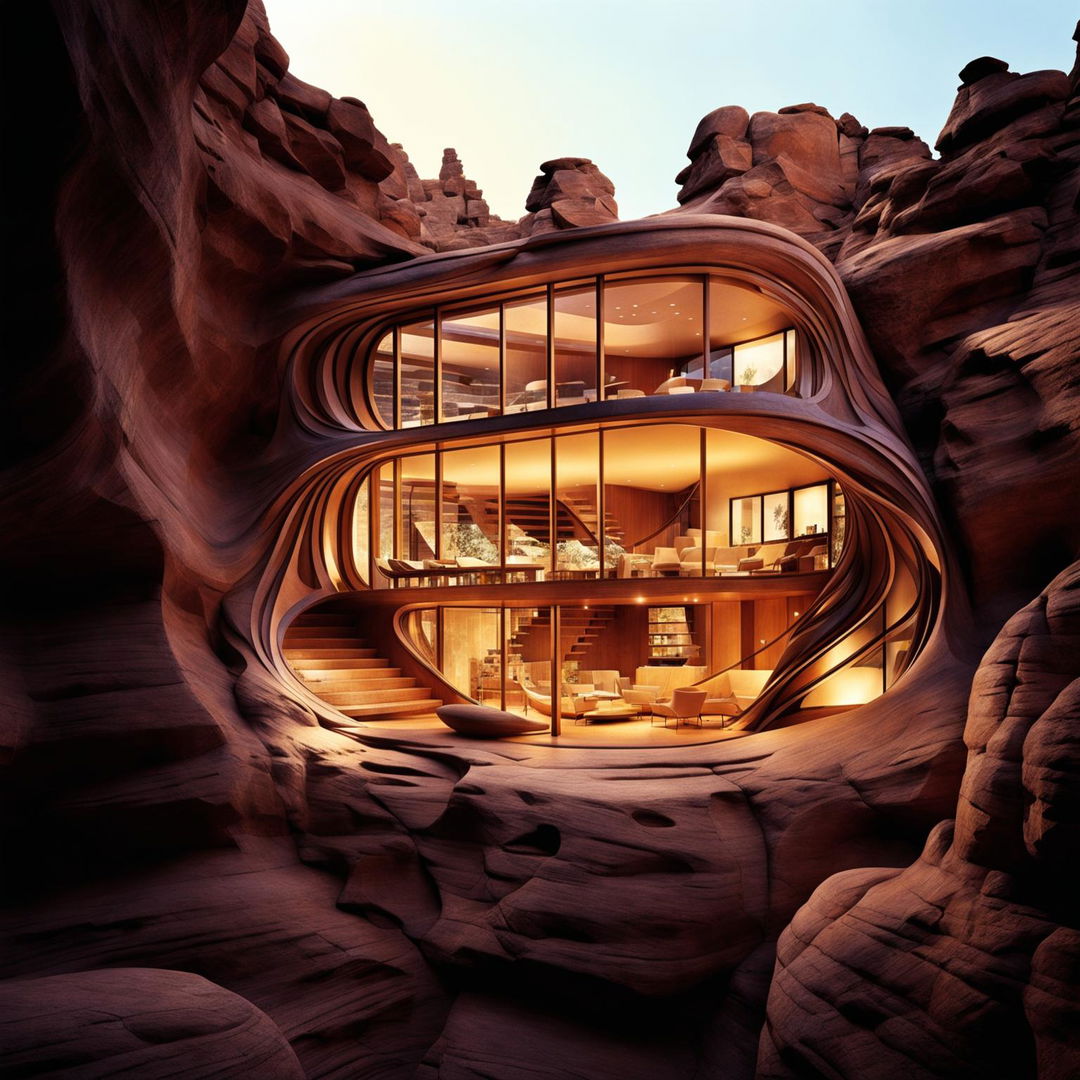 High-definition architectural photograph of a curvaceous glass house, intricately detailed, carved into the canyon wall, bathed in soft golden hour light.