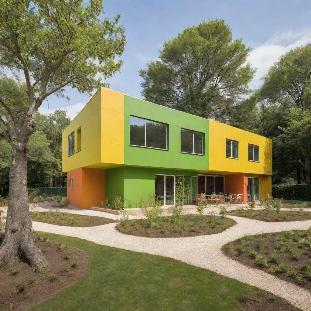 A pre-school building exhibiting a lush and green playground inspired by nature. The façade showcases cheerful colors and playful elements, blending seamlessly into the natural landscape.