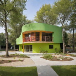 A pre-school building exhibiting a lush and green playground inspired by nature. The façade showcases cheerful colors and playful elements, blending seamlessly into the natural landscape.