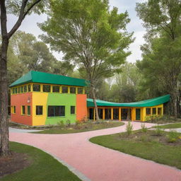 A pre-school building exhibiting a lush and green playground inspired by nature. The façade showcases cheerful colors and playful elements, blending seamlessly into the natural landscape.