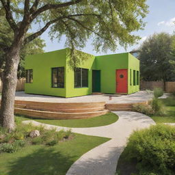 A pre-school building exhibiting a lush and green playground inspired by nature. The façade showcases cheerful colors and playful elements, blending seamlessly into the natural landscape.