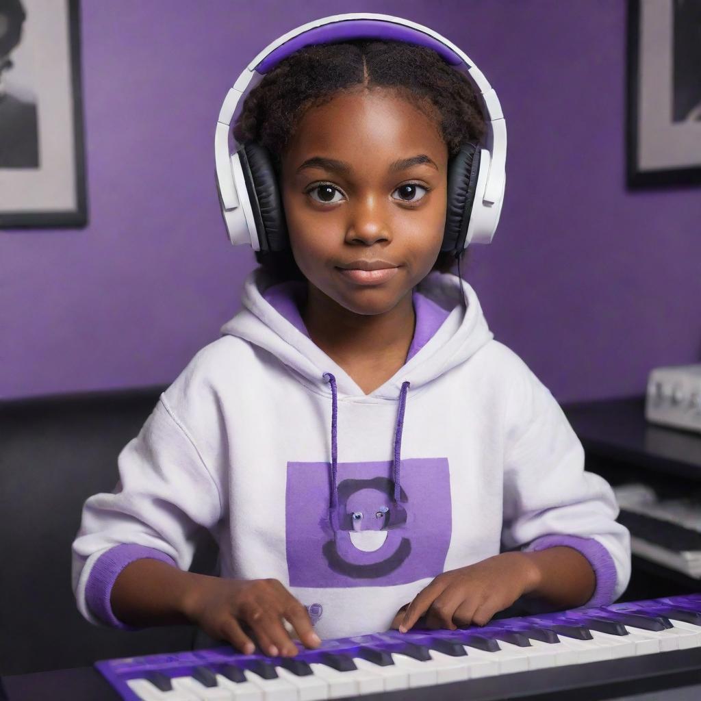 Disney Pixar-style drawing of a young girl with dark brown skin and eyes, wearing a half-black, half-white hoodie and a white gaming headset, set in a purple gamer-themed room featuring a keyboard in the background and a black guitar hanging on the wall.