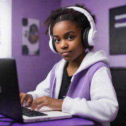 Disney Pixar-style drawing of a young girl with dark brown skin and eyes, wearing a half-black, half-white hoodie and a white gaming headset, set in a purple gamer-themed room featuring a keyboard in the background and a black guitar hanging on the wall.