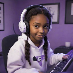 Disney Pixar-style drawing of a young girl with dark brown skin and eyes, wearing a half-black, half-white hoodie and a white gaming headset, set in a purple gamer-themed room featuring a keyboard in the background and a black guitar hanging on the wall.