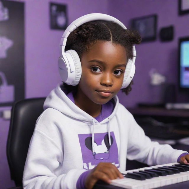 Disney Pixar-style drawing of a young girl with dark brown skin and eyes, wearing a half-black, half-white hoodie and a white gaming headset, set in a purple gamer-themed room featuring a keyboard in the background and a black guitar hanging on the wall.