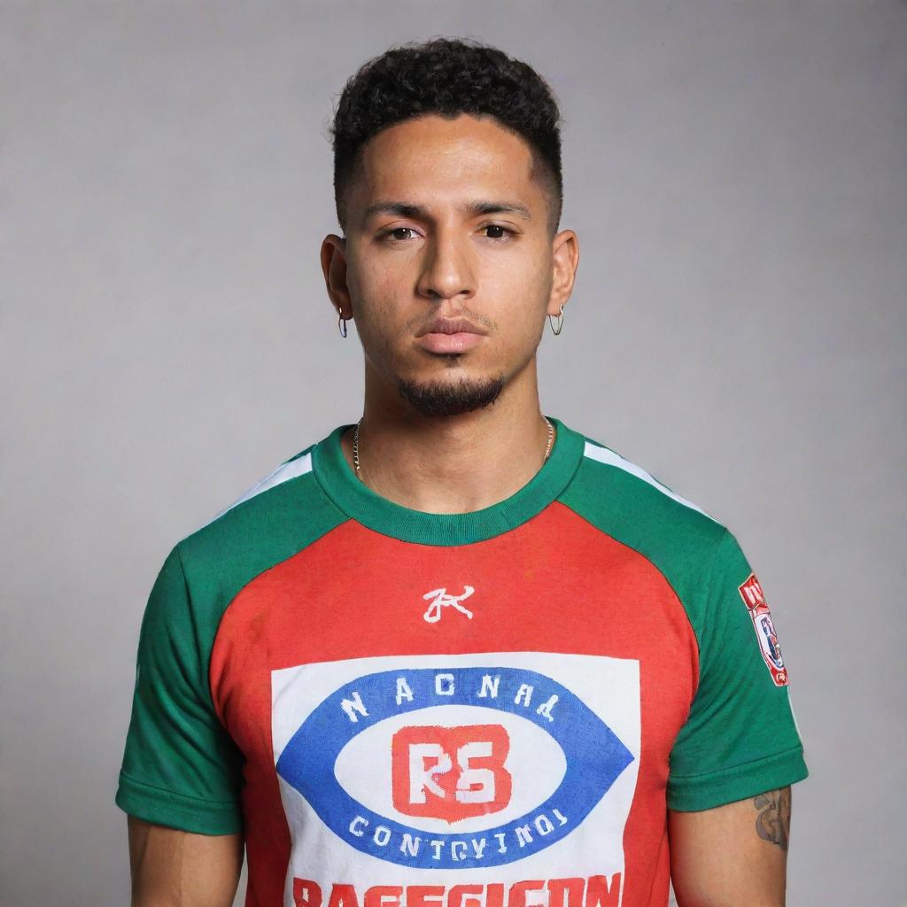 Blessd, a reggaeton artist, wearing a Nacional football team t-shirt, standing confidently with a passionate expression on his face.