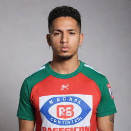 Blessd, a reggaeton artist, wearing a Nacional football team t-shirt, standing confidently with a passionate expression on his face.