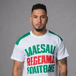 Blessd, a reggaeton artist, wearing a Nacional football team t-shirt, standing confidently with a passionate expression on his face.