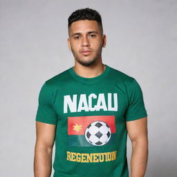 Blessd, a reggaeton artist, wearing a Nacional football team t-shirt, standing confidently with a passionate expression on his face.