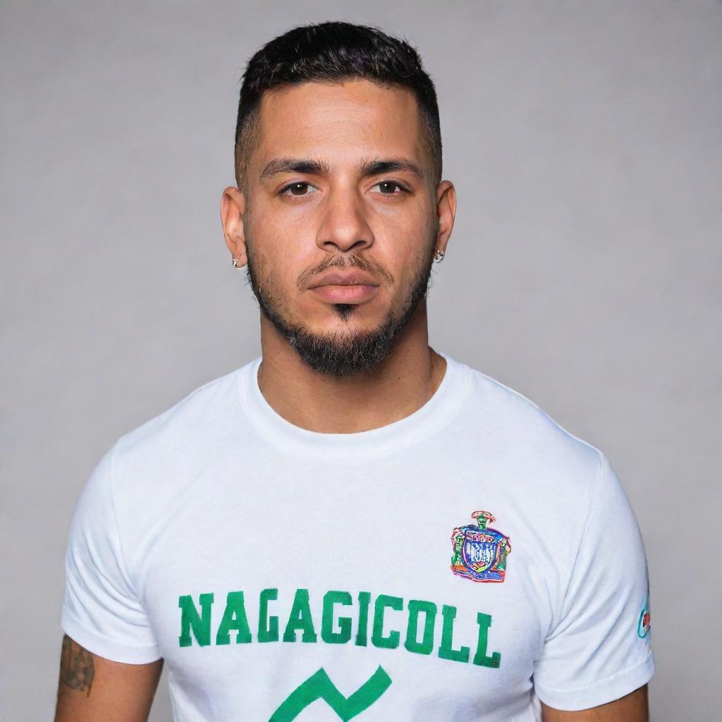 Blessd, a reggaeton artist, wearing a Nacional football team t-shirt, standing confidently with a passionate expression on his face.