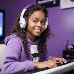 Disney Pixar style image of a young girl with brown skin, dark brown eyes, mid-parted wavy dark hair, wearing a half black half white hoodie, with a white gaming headset, in a purple gaming room, with a keyboard in the background and a black guitar hanging on the wall.