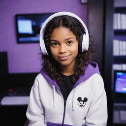 Disney Pixar style image of a young girl with brown skin, dark brown eyes, mid-parted wavy dark hair, wearing a half black half white hoodie, with a white gaming headset, in a purple gaming room, with a keyboard in the background and a black guitar hanging on the wall.