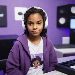 Disney Pixar style image of a young girl with brown skin, dark brown eyes, mid-parted wavy dark hair, wearing a half black half white hoodie, with a white gaming headset, in a purple gaming room, with a keyboard in the background and a black guitar hanging on the wall.