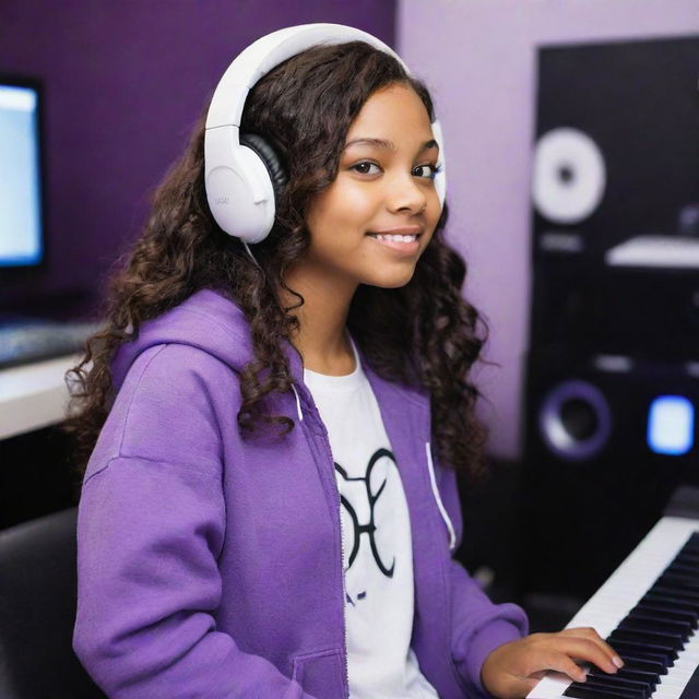 Disney Pixar style image of a young girl with brown skin, dark brown eyes, mid-parted wavy dark hair, wearing a half black half white hoodie, with a white gaming headset, in a purple gaming room, with a keyboard in the background and a black guitar hanging on the wall.