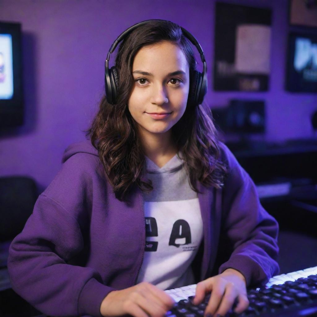 Disney Pixar style image of a young, tan-skinned lady with dark brown eyes, dark wavy hair parted in the middle, wearing a half black half white hoodie, black gaming headphones, in a purple gamer room, with a keyboard in the background and a black guitar hanging on the wall.