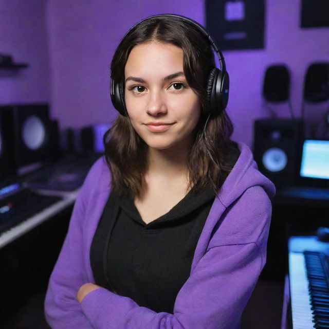 Disney Pixar style image of a young, tan-skinned lady with dark brown eyes, dark wavy hair parted in the middle, wearing a half black half white hoodie, black gaming headphones, in a purple gamer room, with a keyboard in the background and a black guitar hanging on the wall.