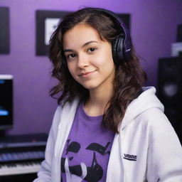 Disney Pixar style image of a young, tan-skinned lady with dark brown eyes, dark wavy hair parted in the middle, wearing a half black half white hoodie, black gaming headphones, in a purple gamer room, with a keyboard in the background and a black guitar hanging on the wall.