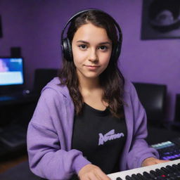 Disney Pixar style image of a young, tan-skinned lady with dark brown eyes, dark wavy hair parted in the middle, wearing a half black half white hoodie, black gaming headphones, in a purple gamer room, with a keyboard in the background and a black guitar hanging on the wall.