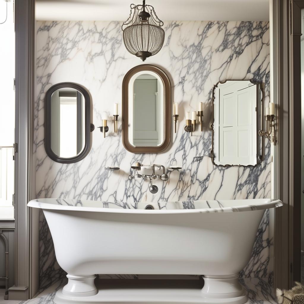 A modern classic bathroom, combining sleek contemporary elements with vintage charm; including a freestanding tub, marble countertops, antique mirrors and modern lighting fixtures.