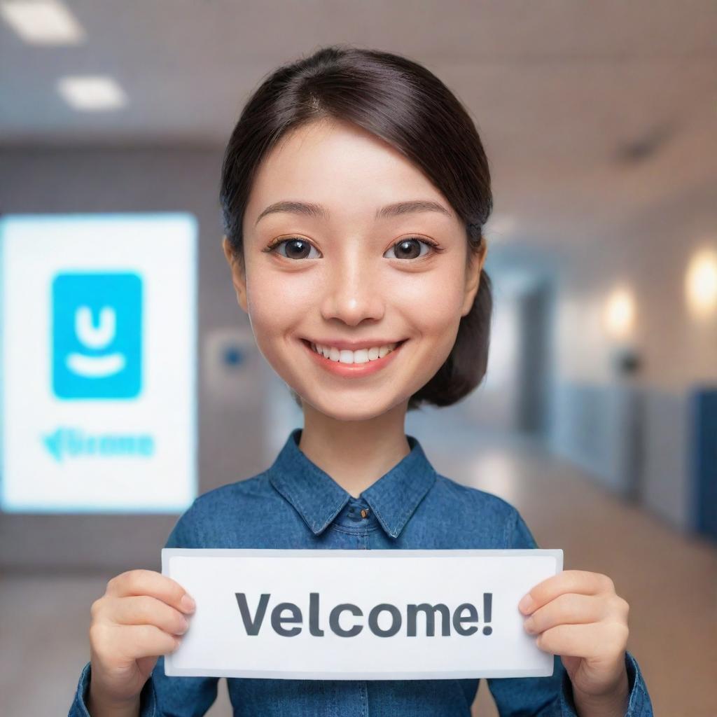 A friendly AI avatar with a kind smile, soft glowing eyes, holding a greeting sign that says, 'Welcome! How can I assist you today?'