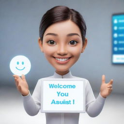 A friendly AI avatar with a kind smile, soft glowing eyes, holding a greeting sign that says, 'Welcome! How can I assist you today?'