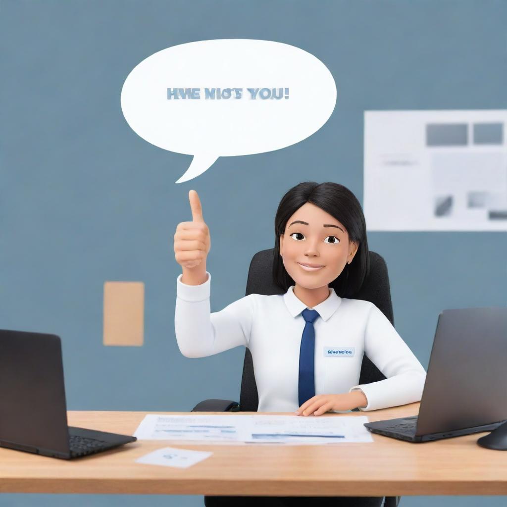 An AI avatar sitting at a desk with thumbs up symbol and a speech bubble that says, 'Everything's going well! How about you?'