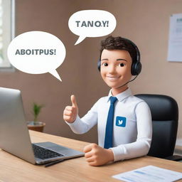 An AI avatar sitting at a desk with thumbs up symbol and a speech bubble that says, 'Everything's going well! How about you?'