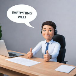 An AI avatar sitting at a desk with thumbs up symbol and a speech bubble that says, 'Everything's going well! How about you?'