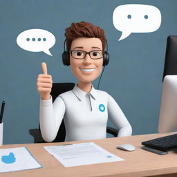 An AI avatar sitting at a desk with thumbs up symbol and a speech bubble that says, 'Everything's going well! How about you?'